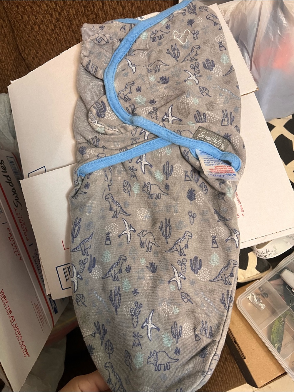 SwaddleMe Gray Dinosaur Swaddle with Light Blue Trim